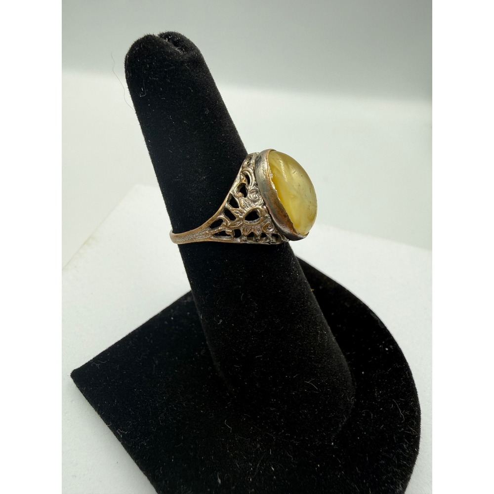 Vintage Silver‎ Gold Tone Butterscotch Amber Filigree Ring Size 6.75 Statement